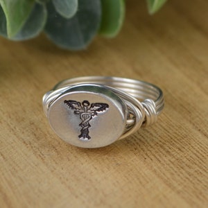 Medical Symbol Ring- Sterling Silver, Yellow or Rose Gold Filled Wire Wrapped with Hand Stamped Pewter Bead-Size 4 5 6 7 8 9 10 11 12 13 14