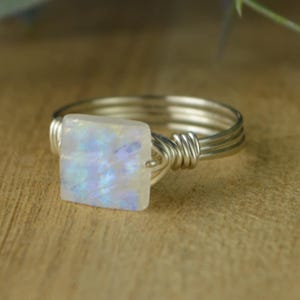Rainbow Moonstone Ring: Sterling Silver or Gold Filled Wire Wrapped Square Faceted Gemstone - Custom Size image 7