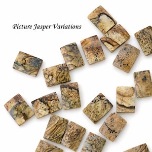May include: A collection of rectangular Picture Jasper stones featuring natural tan, beige, and brown earth-toned patterns with dark dendritic inclusions. The text "Picture Jasper Variations" is printed in black in the upper left corner.