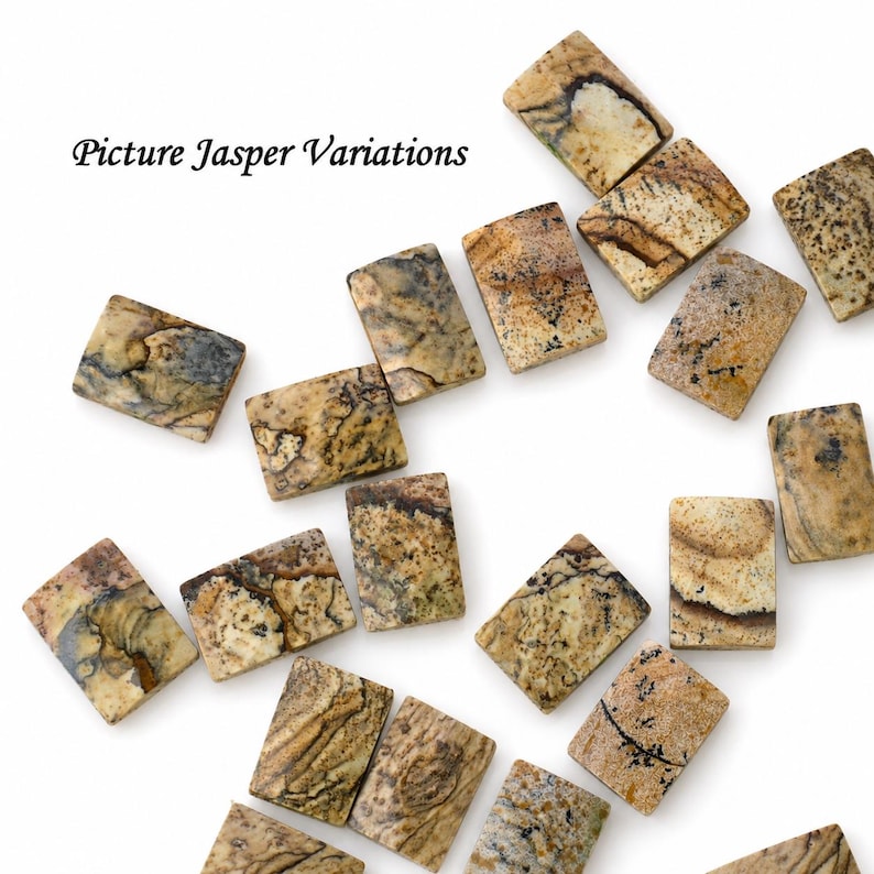 May include: A collection of rectangular Picture Jasper stones featuring natural tan, beige, and brown earth-toned patterns with dark dendritic inclusions. The text "Picture Jasper Variations" is printed in black in the upper left corner.