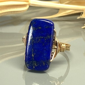 Lapis Lazuli Statement Ring-Sterling Silver, 14k Yellow or Rose Gold Filled Wire Wrapped Ring -Handmade to Custom Size (full, .25, .5, .75)