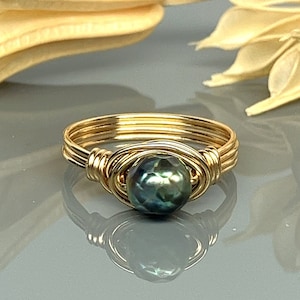 Carved Faceted Green Freshwater Pearl Wrap Ring- Sterling Silver, Yellow or Rose Gold Filled Wire-Size 4 5 6 7 8 9 10 11 12 13 14