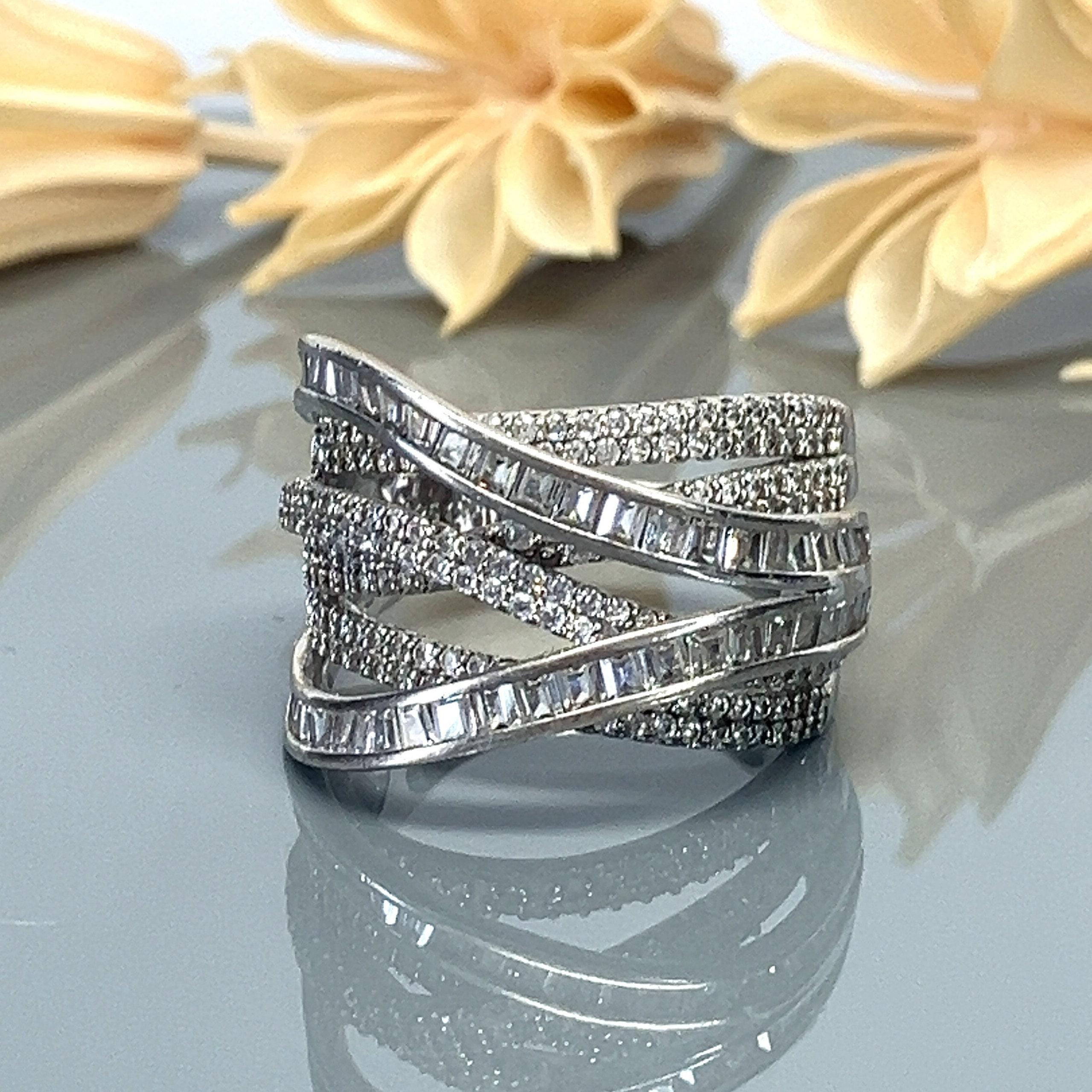Wide Six Band Cubic Zirconia Sterling Silver Crossover Ring- Half