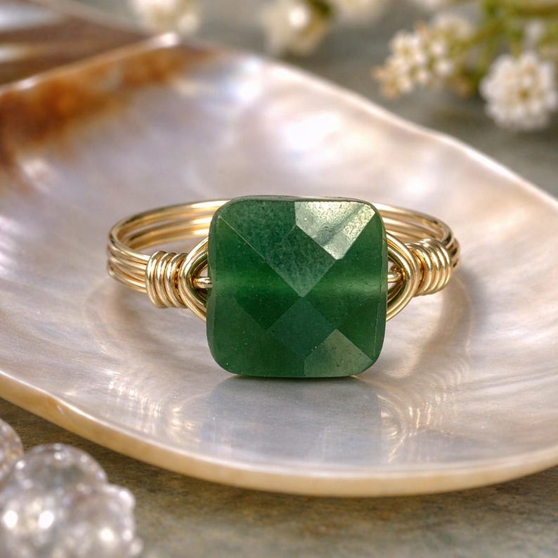 Green Jade Ring: Sterling Silver or Gold Filled Wire Wrapped Faceted Square Gemstone - Custom Size Gold