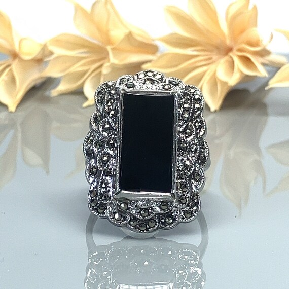 Elongated Rectangular Black Onyx and Marcasite St… - image 3