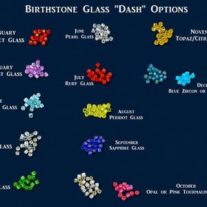 May include: A collection of small, cylindrical glass beads arranged in groups, labeled by month and birthstone name. The text reads Birthstone Glass Dash Options, with colors ranging from red, purple, light blue, clear, green, yellow, blue, white, and pink.
