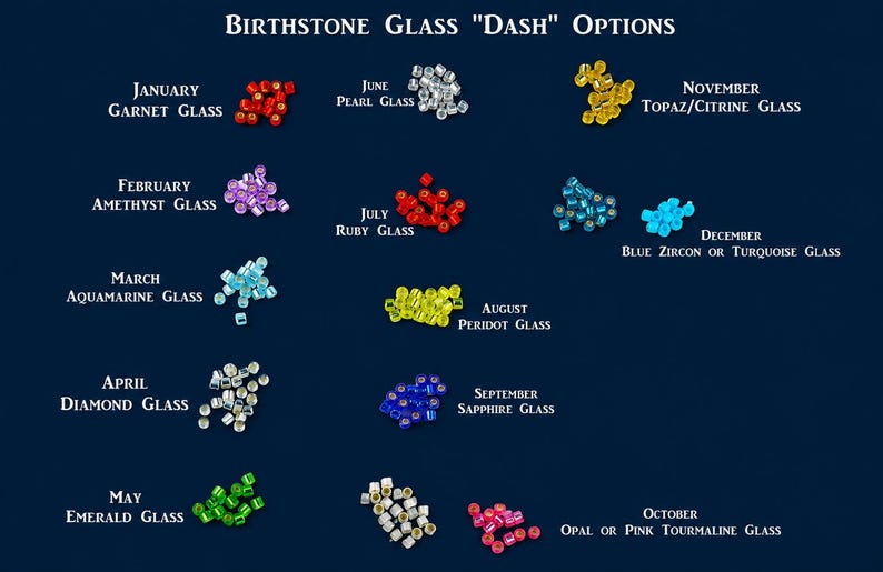 May include: A collection of small, cylindrical glass beads arranged in groups, labeled by month and birthstone name. The text reads Birthstone Glass Dash Options, with colors ranging from red, purple, light blue, clear, green, yellow, blue, white, and pink.