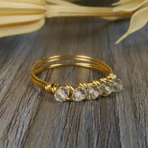 Tiny Stacking Clear Quartz Ring- Sterling Silver, Yellow or Rose Gold Filled Wire Wrapped Faceted Gemstones -Size 4 5 6 7 8 9 10 11 12 13 14