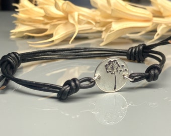 Dandelion Wish Leather Adjustable Bracelet- Hand Stamped Sterling Silver, Yellow or Rose Gold Filled Bracelet- Black or Brown Leather