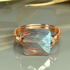 Labradorite Ring -Sterling Silver, 14k Yellow or Rose Gold Filled Wire Wrapped Ring with Square Gemstone - Custom Size (full, .25, .5, .75)