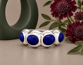Oval Lapis Lazuli Sterling Silver Ring Band - Domed Blue Stones - Size 6.75 - Vintage/Pre-owned