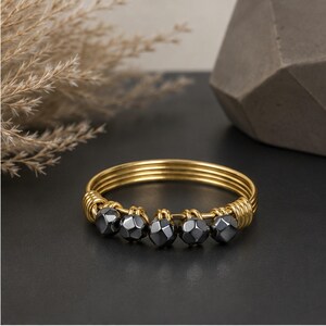 Hematite Stackable Ring: Sterling Silver or Gold Filled Wire Wrapped Tiny Faceted Gemstones- Custom Size
