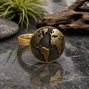 May include: A gold-toned napkin ring featuring a circular medallion with a raised, textured map of the world. The continents are depicted in a polished gold finish against a dark, stippled background, and the band consists of three thin, stacked gold-toned rings.