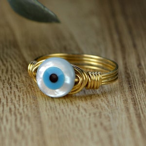 White and Turquoise Mother of Pearl Evil Eye Ring - Sterling Silver or Gold Filled Wire Wrap - Custom Sizes