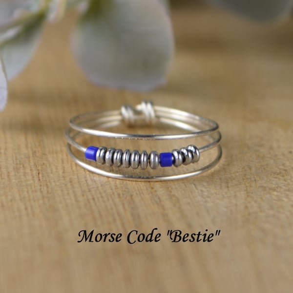 Morse Code BESTIE Best Friends Ring-Choice of Color Beads and Silver, Rose, or Yellow Gold Filled Wire-Any Size-4,5,6,7,8,9,10,11,12,13,14