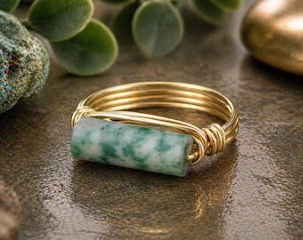 Spotted Green Jade Ring: Sterling Silver or Gold Filled Wire Wrapped Tube Shaped Gemstone - Custom Size