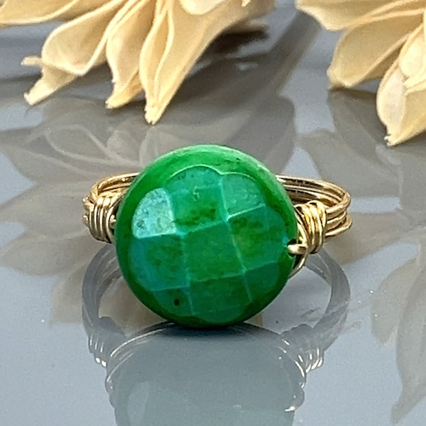 Kelly Green Gemstone Ring – Sterling Silver or Gold Filled Wire Wrapped- Custom Size 4-14