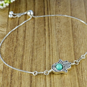 Sterling Silver Hamsa Hand Turquoise Bolo Bracelet - Interchangeable Charm/Link Design - Adjustable Fit