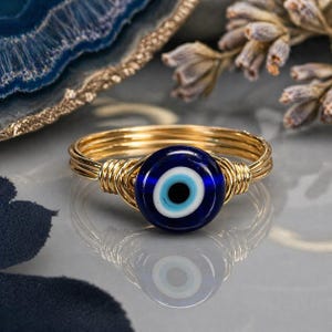 Evil Eye Ring: Sterling Silver or Gold Filled Wire Wrapped Glass Bead- Custom Size