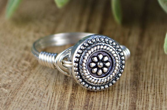 Flower Button Sterling Silver Wire Wrapped Ring