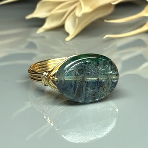Oval Blue Green Quartz Ring- Sterling Silver, Yellow or Rose Gold Filled Wire Wrapped Gemstone-Size 4 5 6 7 8 9 10 11 12 13 14