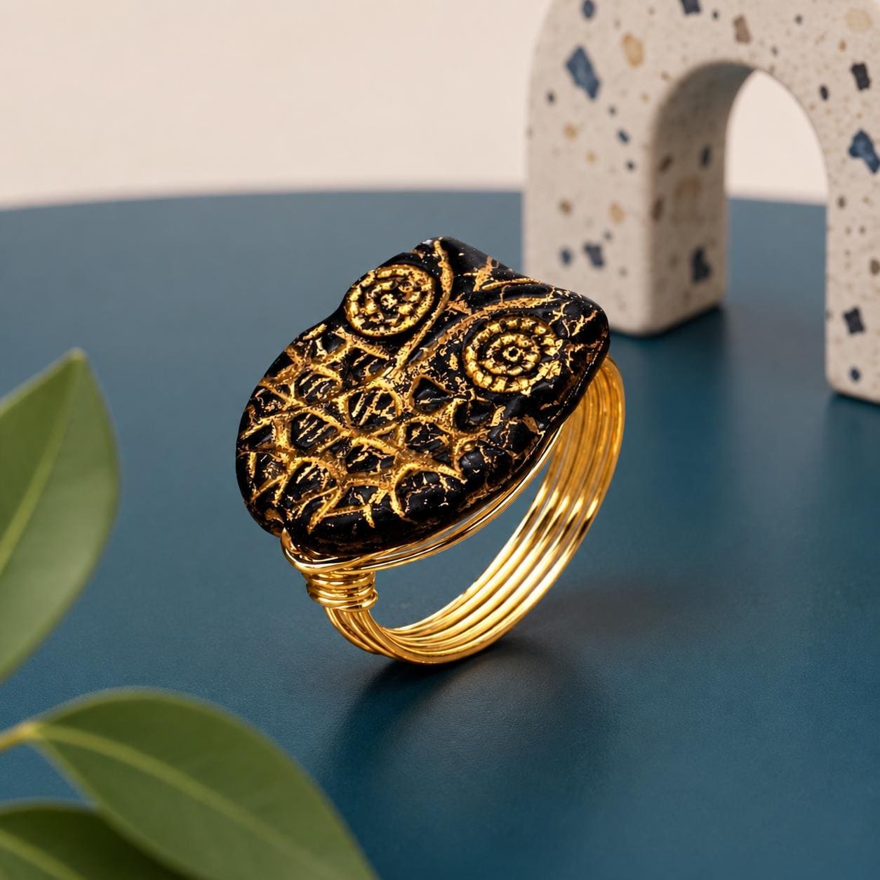 Black and Gold Owl Ring: Sterling Silver or Gold Filled Wire Wrapped Glass Bead- Custom Size