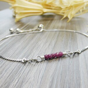 Tiny Dark Pink Ruby Gemstones Minimalist Adjustable Sterling Silver Interchangeable Charm/Link Bolo Bracelet-Charm, Bracelet Chain, or Both