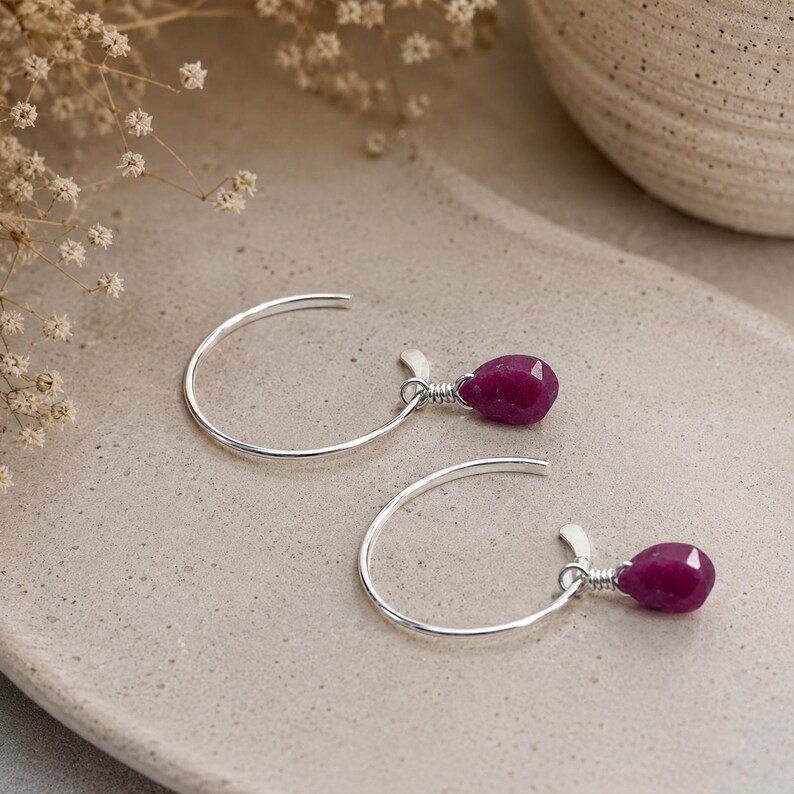 Tiny Ruby Teardrop Minimalist Interchangeable Dangle Earrings - Sterling Silver or Gold Filled imagem 2