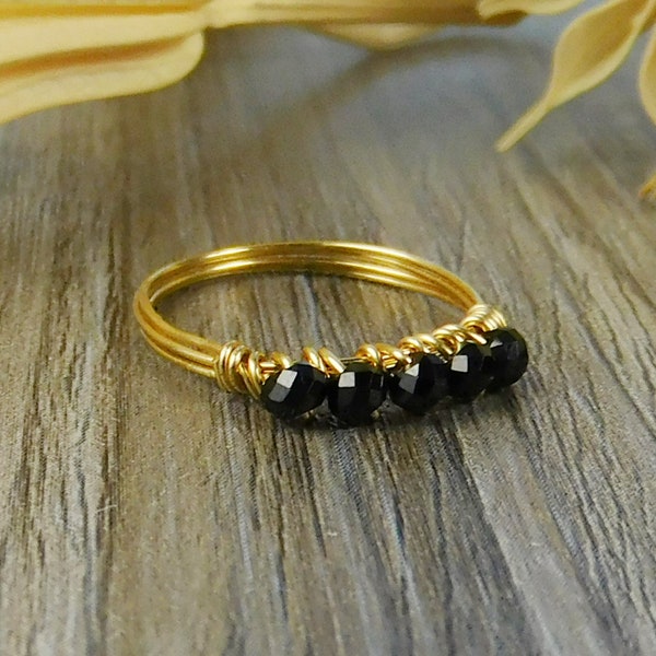 Tiny Stacking Black Spinel Ring-  Sterling Silver, Yellow or Rose Gold Filled Wire Wrapped Gemstones -Size 4 5 6 7 8 9 10 11 12 13 14