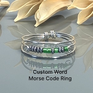 Morse Code Ring- ANY Word-Choice of Birthstone Color Beads and Sterling Silver, Rose, or Yellow Gold Filled Band- Custom Size Ring