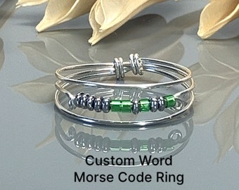 Morse Code Ring- ANY Word-Choice of Birthstone Color Beads and Sterling Silver, Rose, or Yellow Gold Filled Band- Custom Size Ring