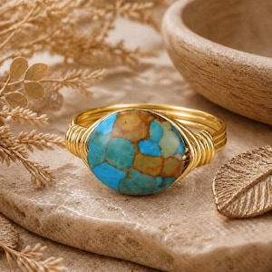 Mosaic Magnesite Ring: Sterling Silver or Gold Filled Wire Wrapped Oval Gemstone - Custom Size