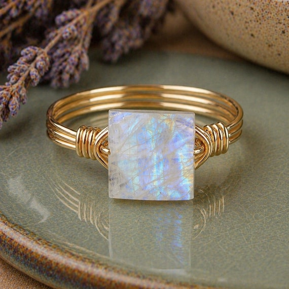 Rainbow Moonstone Ring: Sterling Silver or Gold Filled Wire Wrapped Square Faceted Gemstone - Custom Size