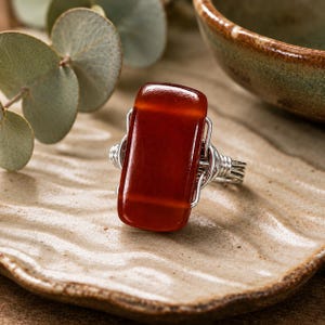 Carnelian Ring: Sterling Silver or Gold Filled Wire Wrapped Rectangular Gemstone - Custom Size