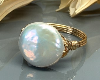 Large Freshwater Pearl Ring -Silver, Yellow, or Rose Gold Filled Wire Wire Wrap Ring with White Coin Pearl- Size 4 5 6 7 8 9 10 11 12 13 14