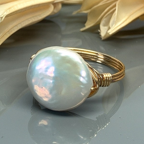 Large Freshwater Pearl Ring -Silver, Yellow, or Rose Gold Filled Wire Wire Wrap Ring with White Coin Pearl- Size 4 5 6 7 8 9 10 11 12 13 14