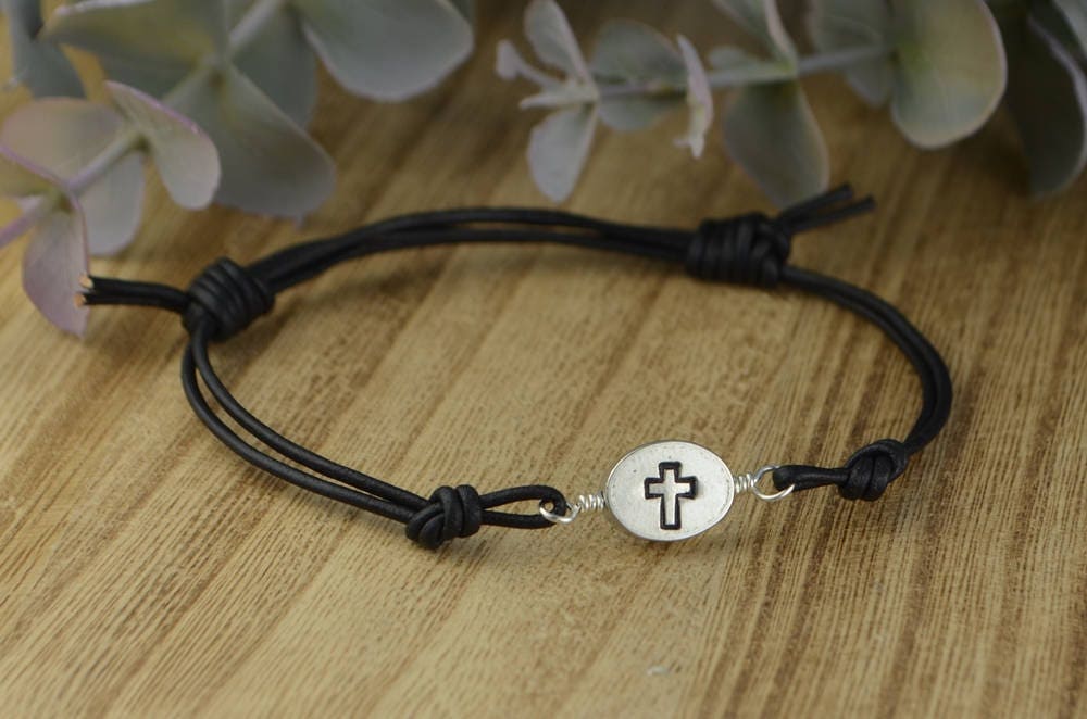 Cross Leather Adjustable Bracelet Pewter Christian Cross | Etsy