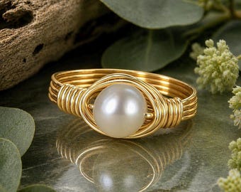 White Pearl Ring: Sterling Silver or Gold Filled Wire Wrapped Freshwater Pearl - Custom Size