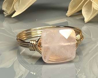 Wire Wrapped Rose Quartz Ring - Square Gemstone in Yellow/Rose Gold Filled or Sterling Silver, Custom Size (full, .25, .5, .75)