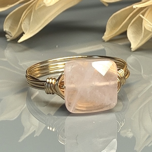 Wire Wrapped Rose Quartz Ring - Square Gemstone in Yellow/Rose Gold Filled or Sterling Silver, Custom Size (full, .25, .5, .75)