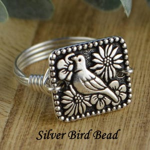 Bird Ring- Silver Plated Bird Bead with Sterling Silver, 14k Rose or Yellow Gold Filled Wire Wrap - Custom Size (full, .25, .5, .75)