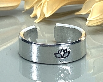 Lotus Flower Yoga Adjustable Ring- Hand Stamped Aluminum Ring- Custom Size (full, .25, .5, .75)