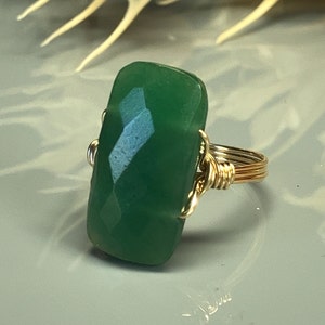 Faceted Green Jade Statement Ring – Sterling Silver or Gold Filled Wire Wrapped, Bold Gemstone Ring in Sizes 4-14, Unique Gift for Her