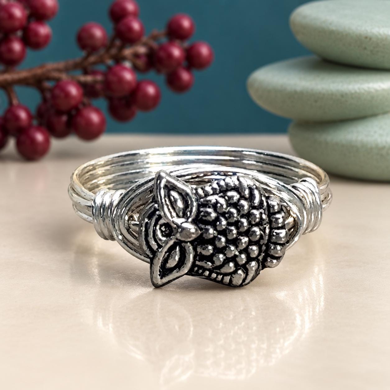 Wise Owl Ring: Sterling Silver or Gold Filled Wire Wrapped Pewter Bead - Custom Size