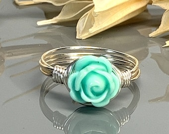 Tiny Aqua Rose Flower Ring-Sterling Silver, 14k Yellow or Rose Gold Filled Wire Wrapped Ring- Handmade to Custom Size (full, .25, .5, .75)