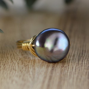 Freshwater Peacock Coin Pearl Ring- Sterling Silver, Yellow or Rose Gold Filled Wire Wire Wrapped Ring - Size 4 5 6 7 8 9 10 11 12 13 14