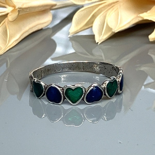 Petite Blue and Green Enamel and Sterling Silver Hearts Ring - Stacking/Stackable Ring - Size 7.75