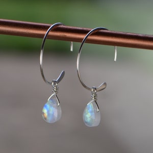 Interchangeable Tiny Rainbow Moonstone Teardrop Minimalist Dangle Earrings- Sterling Silver or Gold Filled