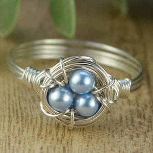 Blue Pearls Birds Nest Ring- Sterling Silver, 14k Yellow or Rose Gold Filled Wire/Swarovski Crystal Pearls- Custom Size (full, .25, .5, .75)