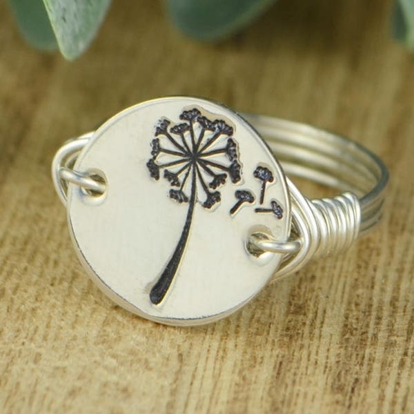 Dandelion Wish Ring- Hand Stamped Sterling Silver, 14k Yellow, OR Rose Gold Filled Wire Wrapped Ring- Custom Size (full, .25, .5, .75)